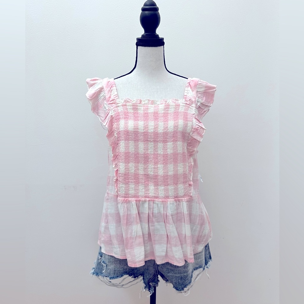 Old Navy Women’s Flutter-Sleeve Pink Gingham Smocked Blouse, NWT, XL